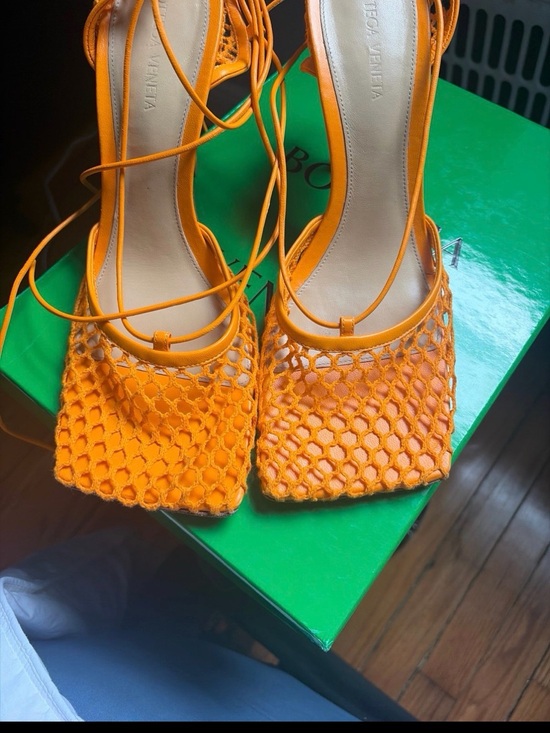 Bottega Veneta Shoes - Bottega Veneta Orange Mesh Lace-Up Square-Toe Heels